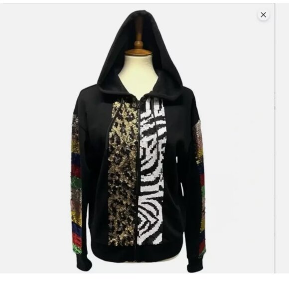 Alice+Olivia Barron Sequined Black Cotton Full Zip Sweatshirt Hoodie Size M - Picture 6 of 10